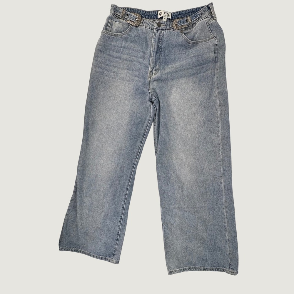 PTCL Wide Leg Jeans Mens 34 Light Blue Western Buckle Recycled Cotton Denim Wide